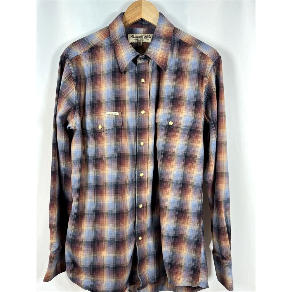 Panhandle Slim Brown & Blue Plaid Snap Soft Western Cowboy Shirt Size Medium